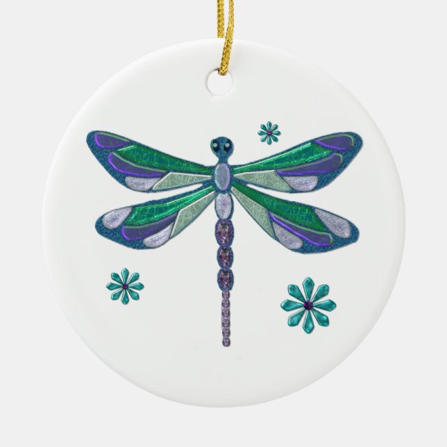 Dragonfly Elegant Jeweled  Folk Art Ceramic Ornament (Front)