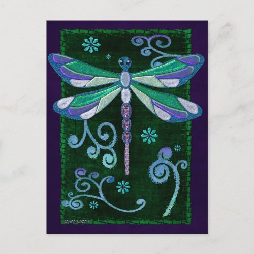 Dragonfly Elegant Jeweled Folk Art Postcard