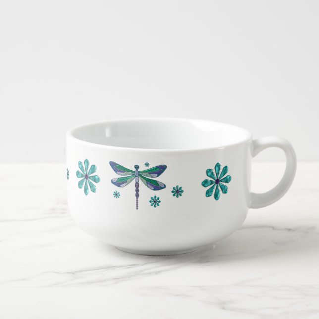 Dragonfly Elegant Jeweled Folk Art Soup Mug (Left)