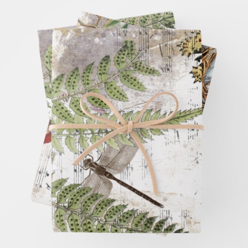 Dragonfly Fern Butterfly Bird Music Gold Decoupage Wrapping Paper Sheets