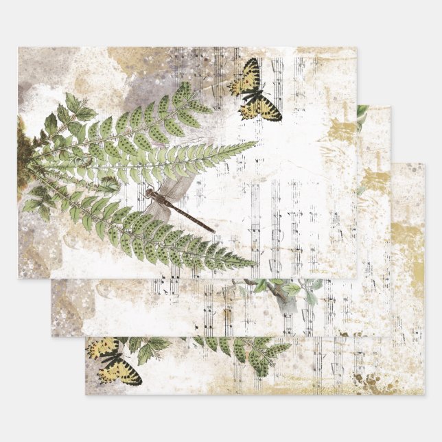 Dragonfly Fern Butterfly Bird Music Gold Decoupage Wrapping Paper Sheets (Set)