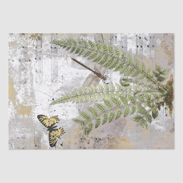 Dragonfly Fern Butterfly Music Gold Decoupage Idea Tissue Paper (Front)