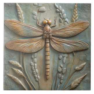 Dragonfly Field of Foliage Faux Relief Ceramic Tile