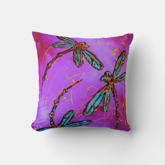 Dragonfly Flit Electric Pink Throw Pillow (Front)