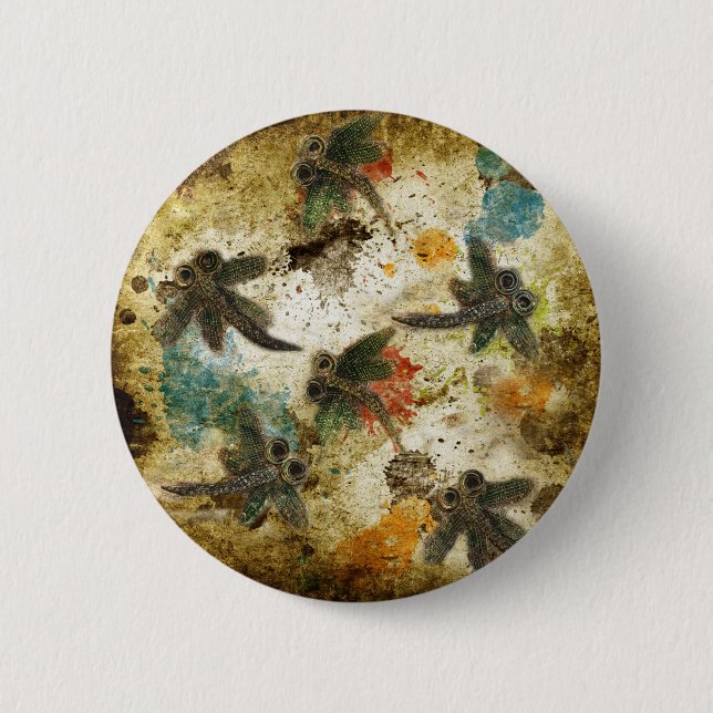 Dragonfly Flit Rustic Splash Button (Front)