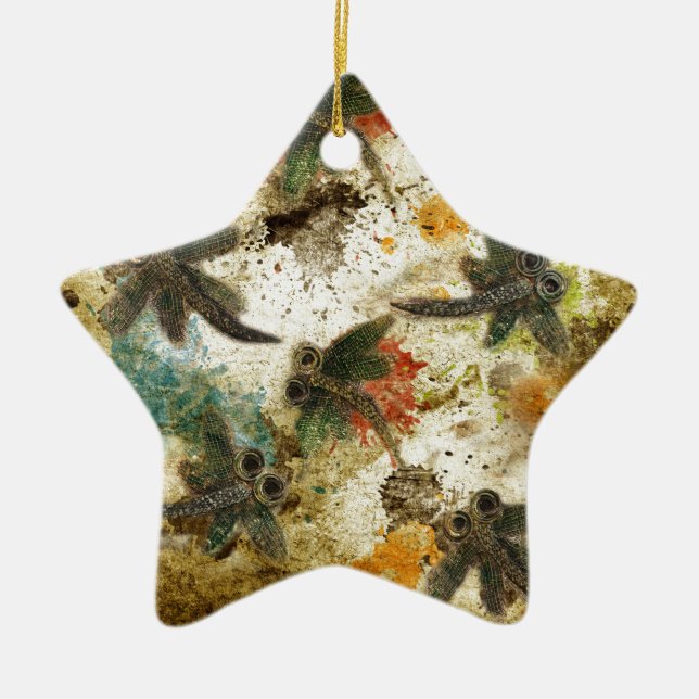 Dragonfly Flit Rustic Splash Ceramic Ornament (Front)
