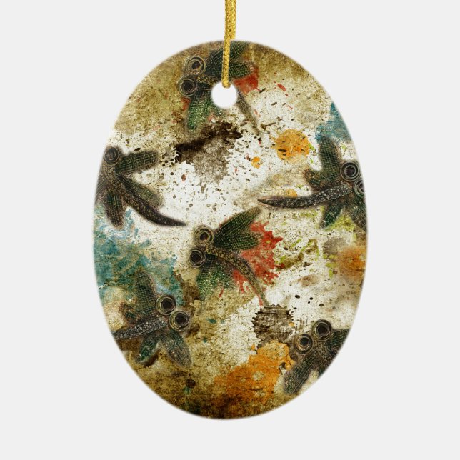 Dragonfly Flit Rustic Splash Ceramic Ornament (Front)