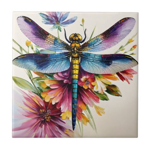 Dragonfly Floral Multicolor Art Ceramic Tile