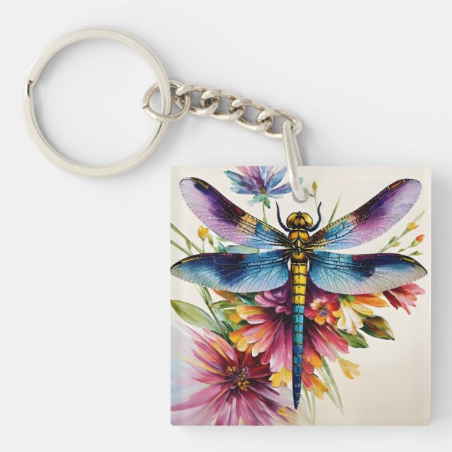 Dragonfly Floral Multicolor Art Keychain (Front)