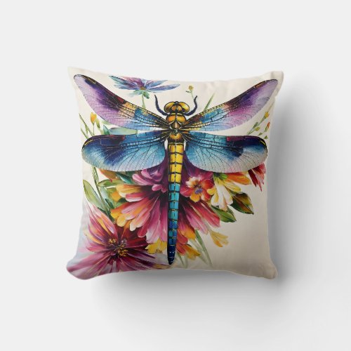 Dragonfly Floral Multicolor Art Throw Pillow