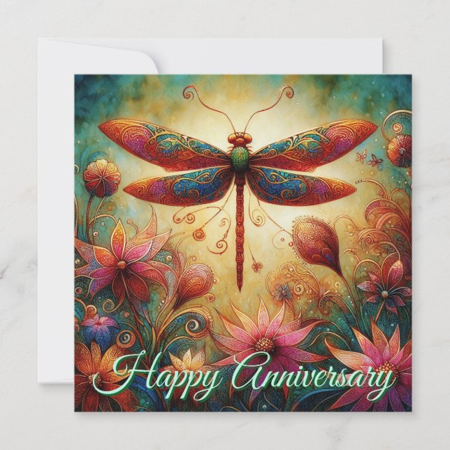 Dragonfly Floral Personalized Anniversary Card (Front)
