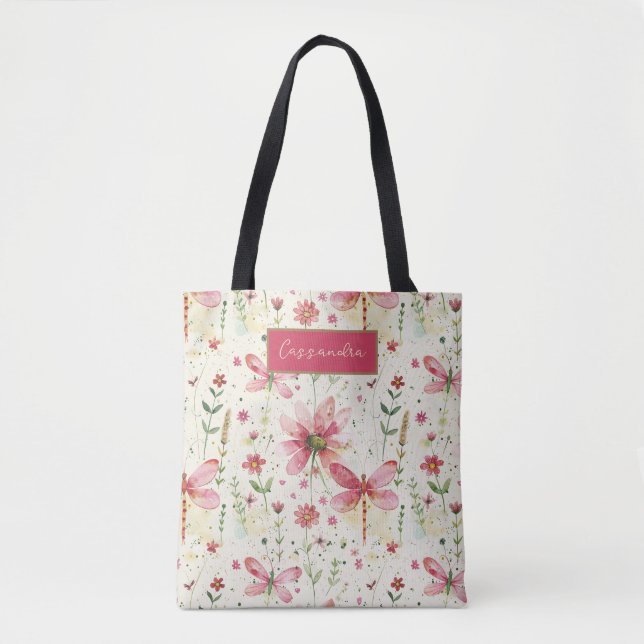 Dragonfly Floral  Personalized Tote Bag (Front)