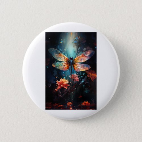 Dragonfly Flower Art _ Stained Glass Button