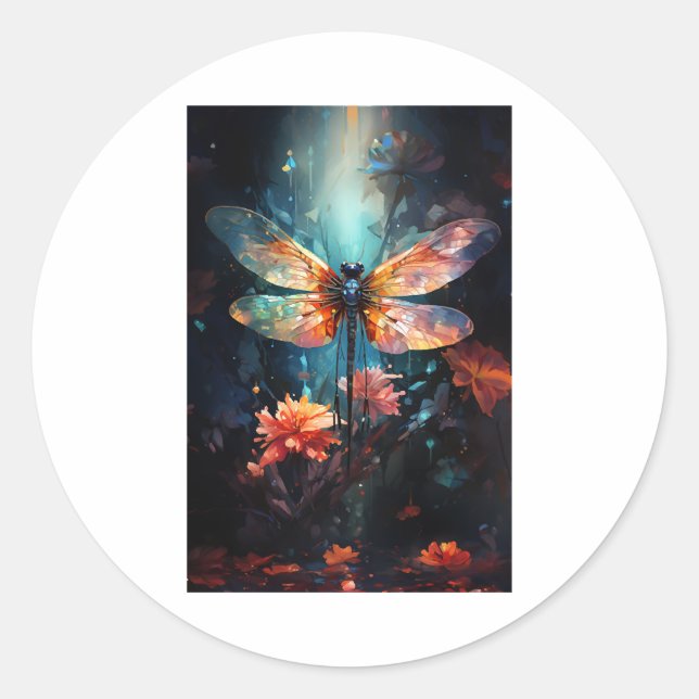 Dragonfly Flower Art - Stained Glass Classic Round Sticker (Front)