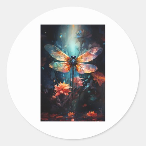 Dragonfly Flower Art _ Stained Glass Classic Round Sticker