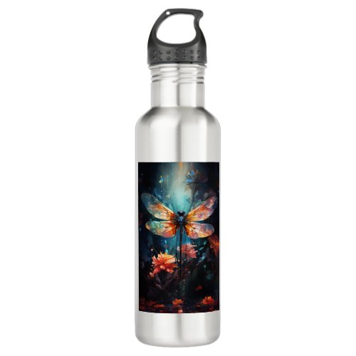 Dragonfly Flower Art _ Stained Glass Stainless Steel Water Bottle