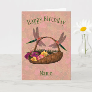 Dragonfly Flower Basket Art Personalized Birthday Card