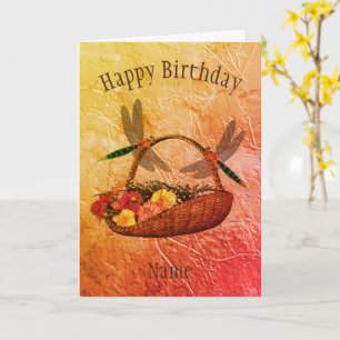 Dragonfly Flower Basket Personalized Birthday Card