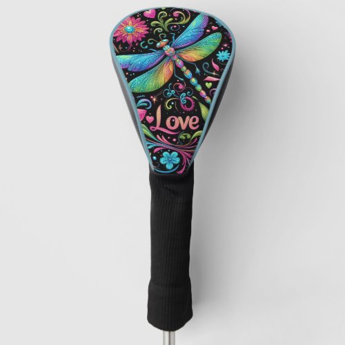Dragonfly Flowers and Hearts  Golf Head Cover