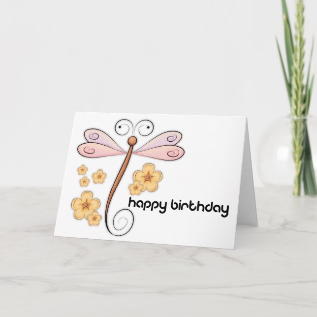 Dragonfly Flowers Happy Birthday Greeting Card (Front)