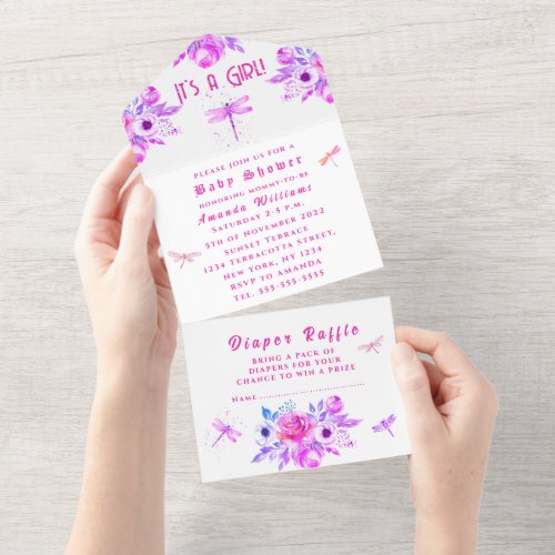 Dragonfly Flowers Purple Its a Girl Baby Shower All In One Invitation