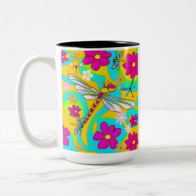 DragonFly & Flowers  Two-Tone Coffee Mug (Left)