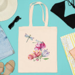 Dragonfly Flowers Watercolor Spring Summer Tote Bag<br><div class="desc">This design was created through digital art. It may be personalized by clicking the customize button and changing the color, adding a name, initials or your favorite words. Contact me at colorflowcreations@gmail.com if you with to have this design on another product. Purchase my original abstract acrylic painting for sale at...</div>