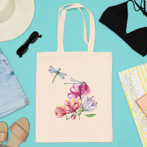 Dragonfly Flowers Watercolor Spring Summer Tote Bag