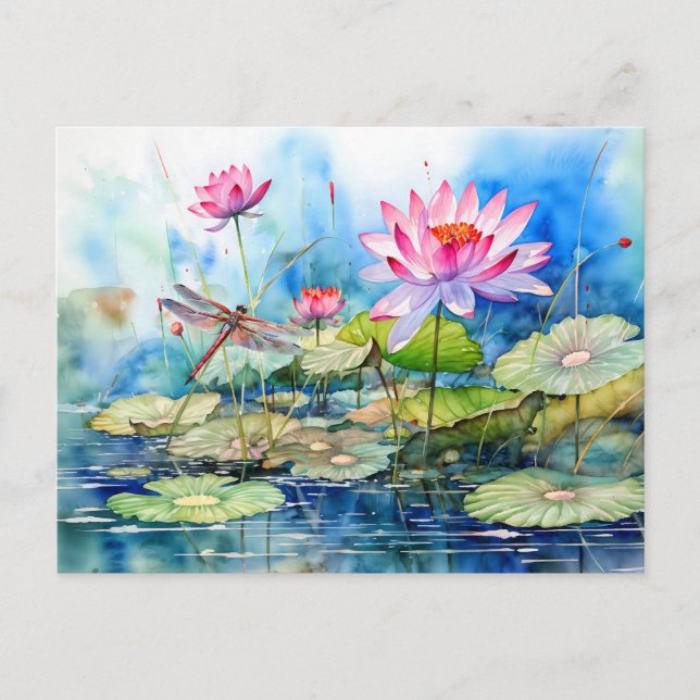 Dragonfly flying through pink water lilies holiday postcard (Front)