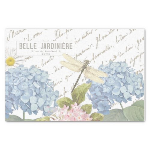 Dragonfly French Script Blue Pink Hydrangea Flower Tissue Paper