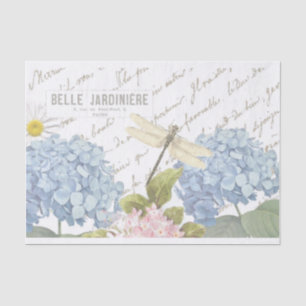 Dragonfly French Script Blue Pink Hydrangea Flower Tissue Paper