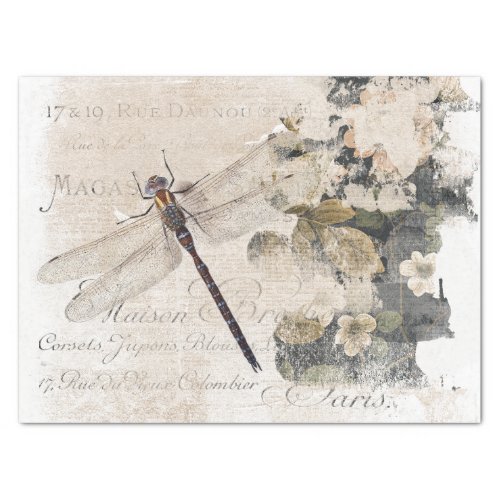 Dragonfly French Script Shabby Floral Decoupage Tissue Paper