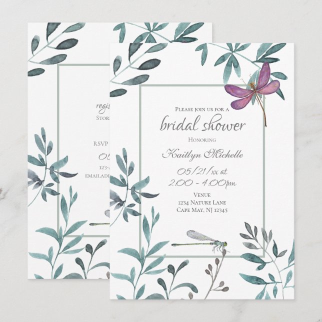Dragonfly Garden Greenery on White Bridal Shower Invitation (Front/Back)
