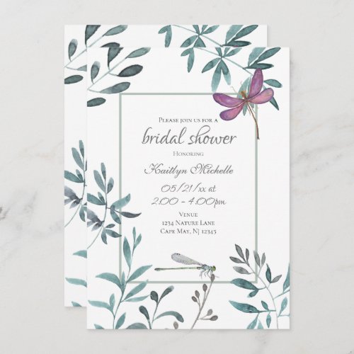 Dragonfly Garden Greenery on White Bridal Shower Invitation