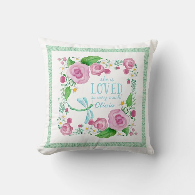 Dragonfly Garden Nursery Watercolor Arrow Flowers Throw Pillow (Front)