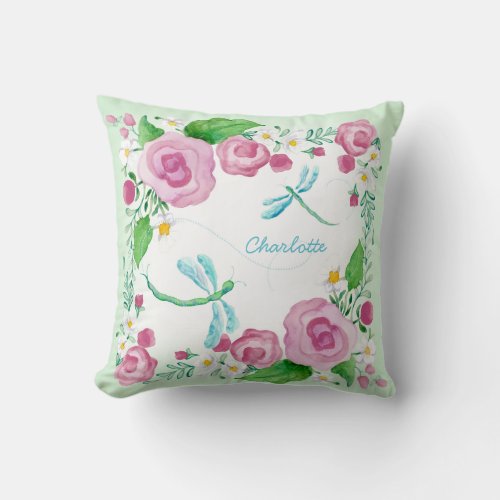 Dragonfly Garden Nursery Watercolor Arrow Flowers Throw Pillow