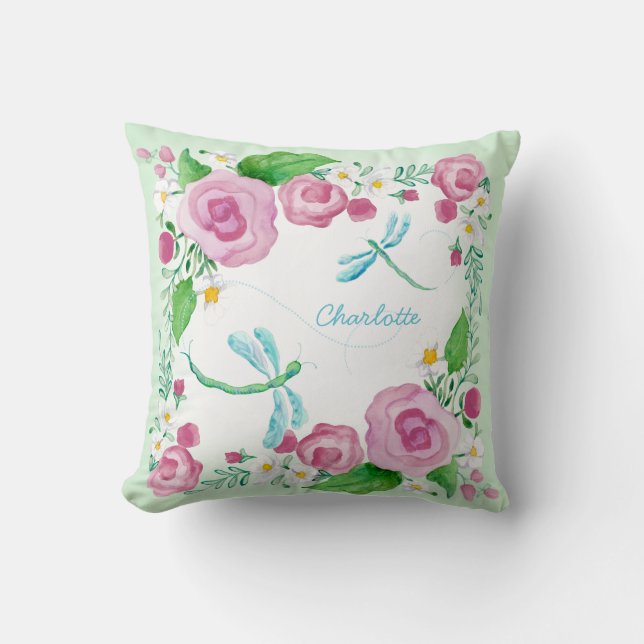 Dragonfly Garden Nursery Watercolor Arrow Flowers Throw Pillow (Front)