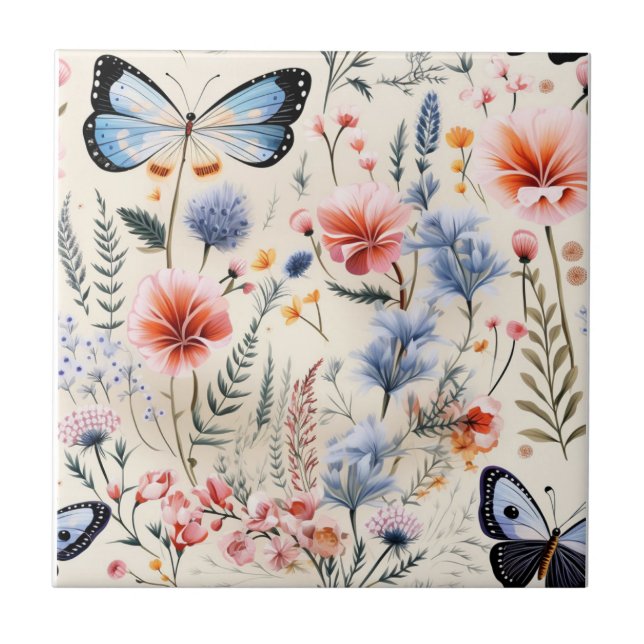 Dragonfly Garden Pink Blue Floral Flowers  Ceramic Tile (Front)