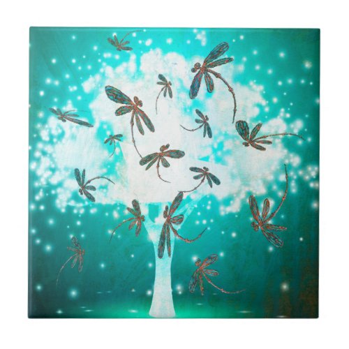 Dragonfly Glow Tree Ceramic Tile