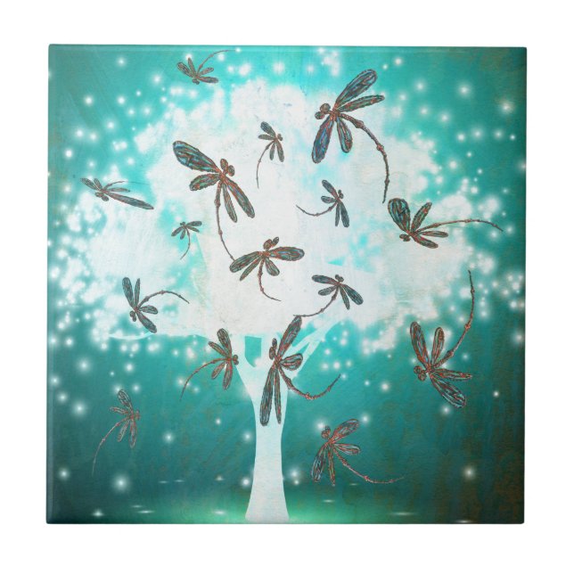 Dragonfly Glow Tree Ceramic Tile (Front)