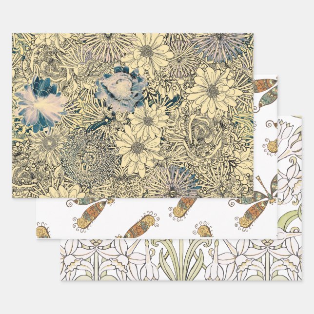 Dragonfly Gold Garden Wrapping Paper Sheets (Set)