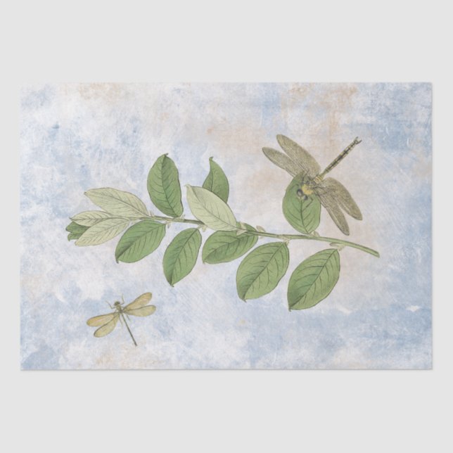 Dragonfly Green Leaves Blue Decoupage Vintage  Tissue Paper (Front)