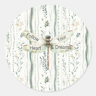 Dragonfly Green White Chic Floral Inspirational  Classic Round Sticker