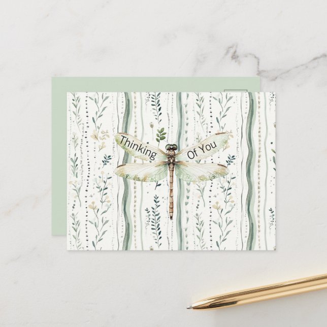 Dragonfly Green White Chic Floral Thinking of You Postcard (Front/Back In Situ)