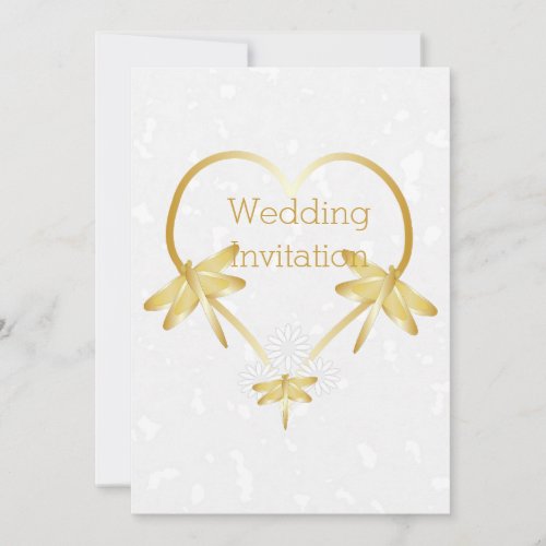 Dragonfly Heart Design Gold Coloured Wedding Invitation