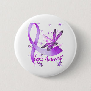 Dragonfly Holding Purple Ribbon Lupus Awareness Button