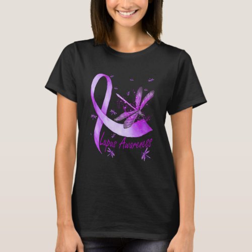 Dragonfly Holding Purple Ribbon Lupus Awareness T_Shirt