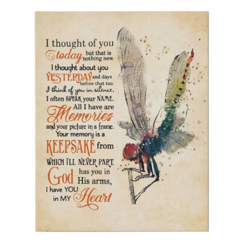 Dragonfly I Thought Of You Memorial Gifts Faux Canvas Print