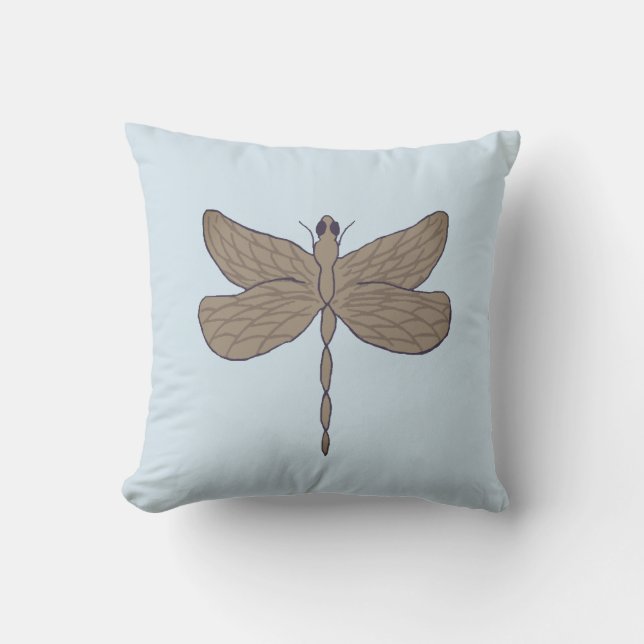 Dragonfly Illustration Blue and Tan Throw Pillow (Front)