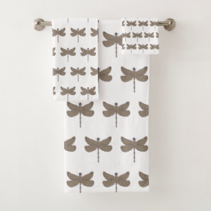 Dragonfly Illustration Pattern Purple and Tan Bath Towel Set
